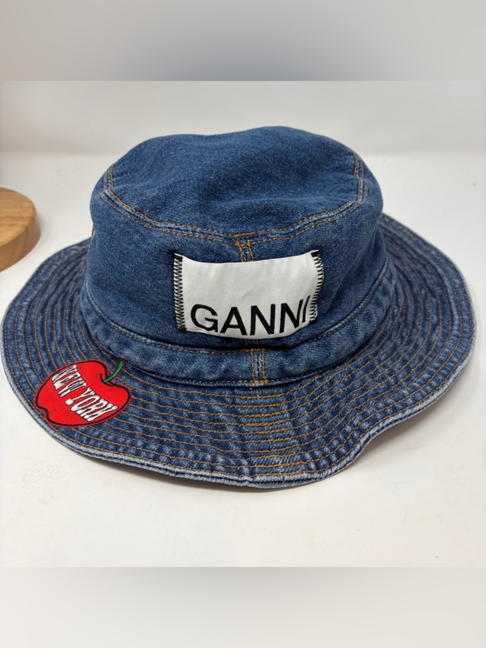 GANNI Denim‎ Bucket Hat Patch Logo New York Apple Blue